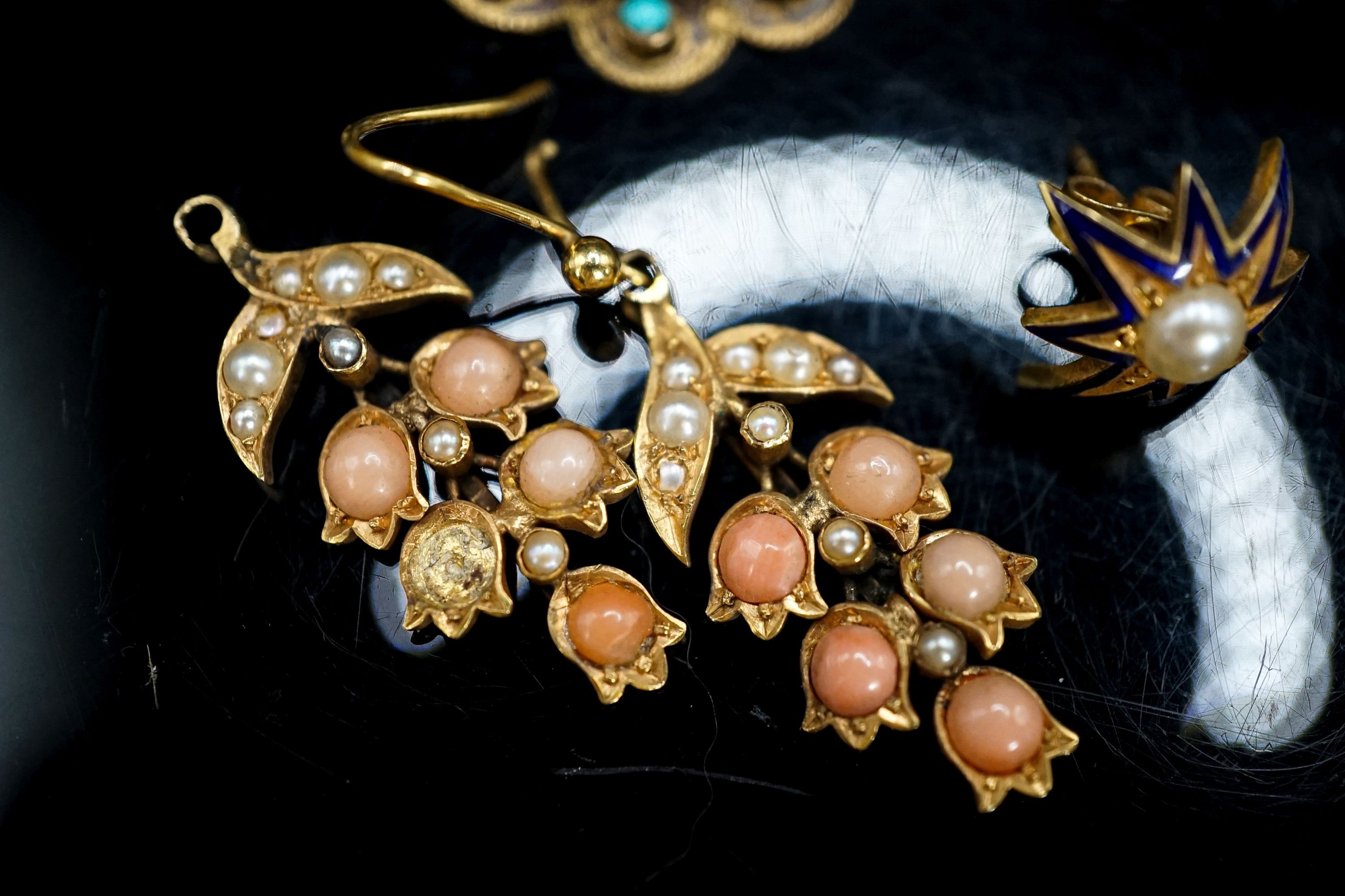 Eight assorted pairs of Victorian and later earrings including yellow metal and coral set, one odd earing and a pendant and two chains (some a.f.).